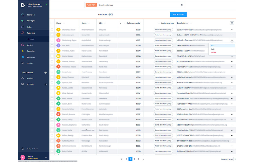 Screenshot einer Übersicht der Customers mit Name, Adresse, Kundennummer, Kundengruppe & E-Mail-Adresse