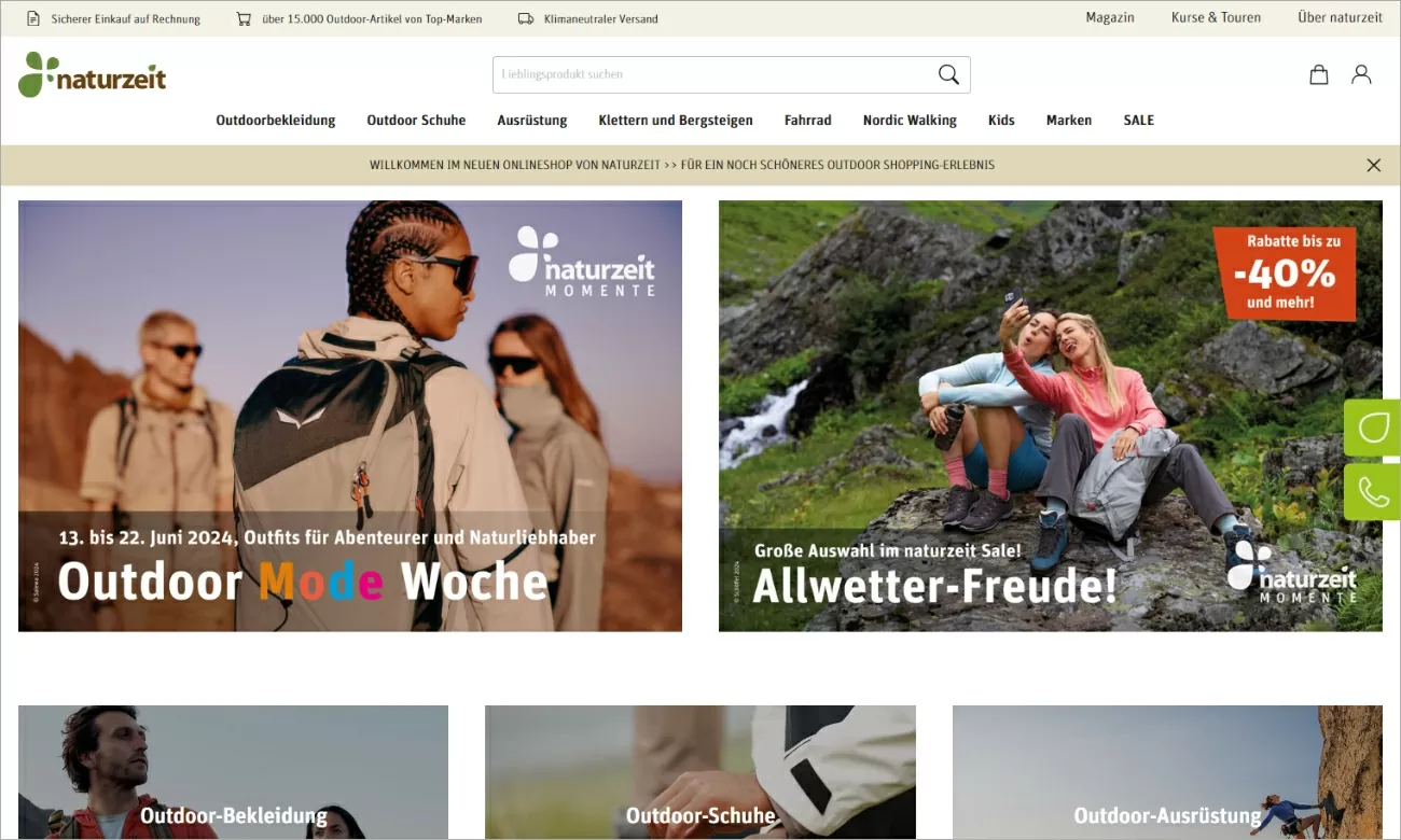 naturzeit-emotionale-bildsprache.jpg Screenshot des naturzeit-Shops. Die Seite ist von einem weißen und grünen Erscheinungsbild geprägt. Es sind mehrere größere Hintergrundbilder zu sehen, die Menschen aktiv in der Natur abbilden.