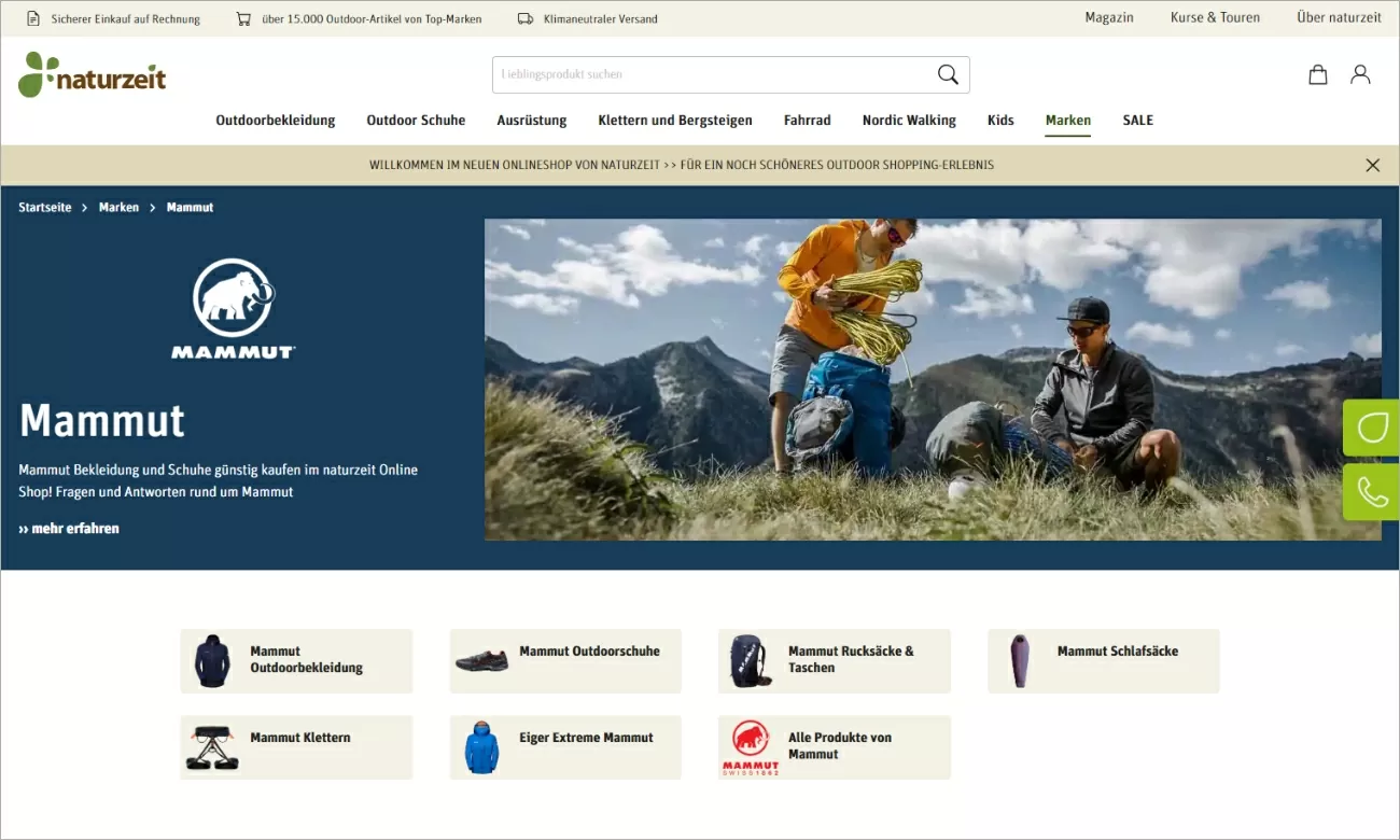 naturzeit-markenshops.jpg Screenshot der Markenshopseite des naturzeit-Shops. Die Seite ist von einem blauen, weißen und grünen Erscheinungsbild geprägt. Im oberen Teil der Seite wird die Marke Mammut vorgestellt. Darunter sind in mehreren Kacheln verschiedene Produktkategorien dargestellt.