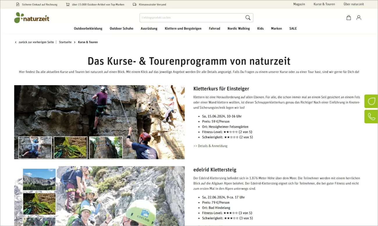 naturzeit-momente.jpg Screenshot des Kurse- und Tourenprogramm des naturzeit-Shops. Die Seite ist von einem weißen und olivgrünen Erscheinungsbild geprägt. Auf der Seite werden untereinander mehrere Kurse vorgestellt wie Kletterkurse und Klettersteige. Auf der linken Seite sind große Bilder der Touren, auf der rechten Seite steht passender Informationstext.