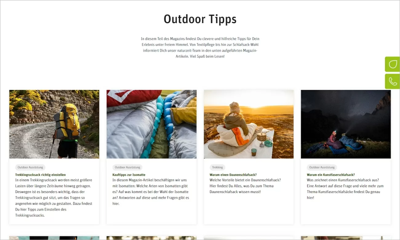 naturzeit-ratgeber.jpg Screenshot der Ratgeberseite des naturzeit-Shops. Die Seite ist von einem weißen und grünen Erscheinungsbild geprägt. Auf der Seite sind mehrere Kacheln mit Tipps dargestellt. Diese bestehen jeweils aus einem Bild und einem kurzen einleitenden Text.