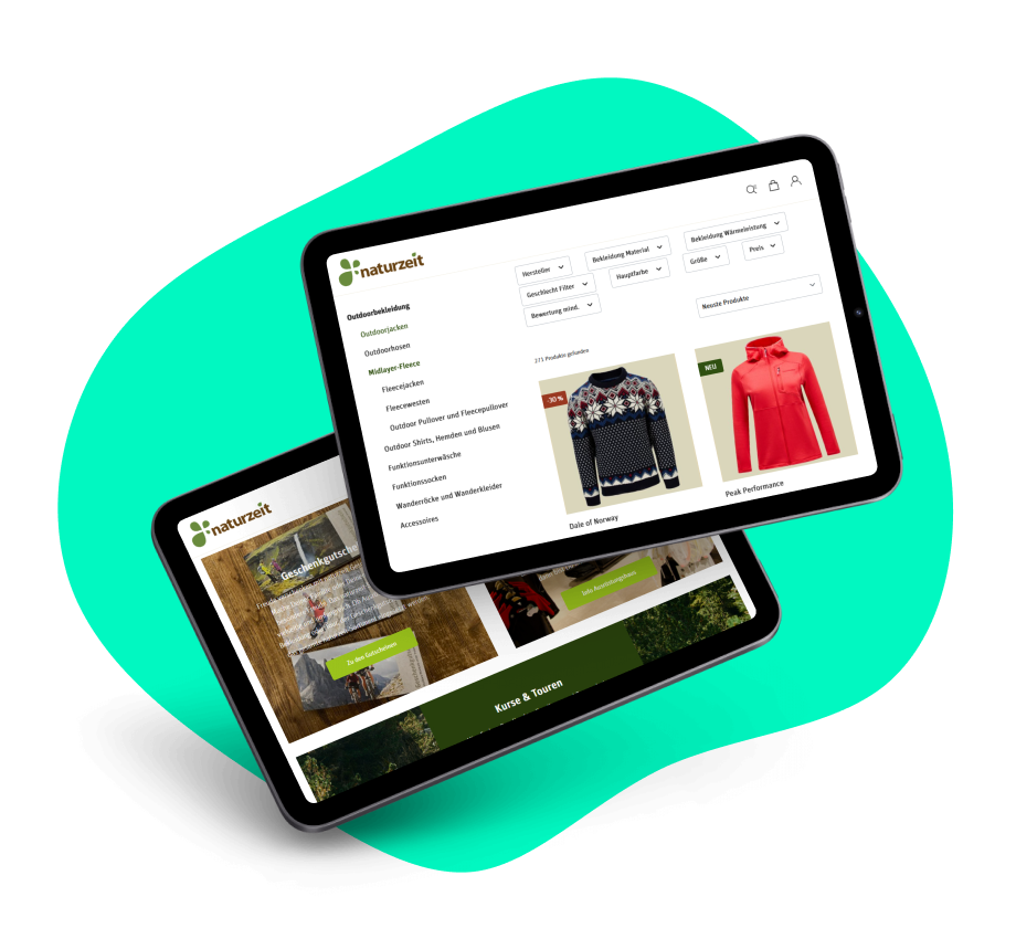 Zwei Tablets liegen auf einer türkisenen Hintergrundgrafik. Auf den Tablets sind Produktseiten des naturzeit-Shops abgebildet.