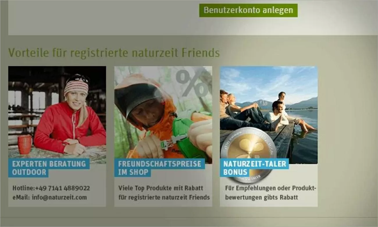 naturzeit-taler.jpg Screenshot der Bonussystem-Seite des naturzeit-Shops. Die Seite ist von einem grünen und weißen Erscheinungsbild geprägt. Im oberen Teil der Seite hat man die Möglichkeit sein Benutzerkonto anzulegen. Darunter sind in mehreren Kacheln Vorteile abgebildet.