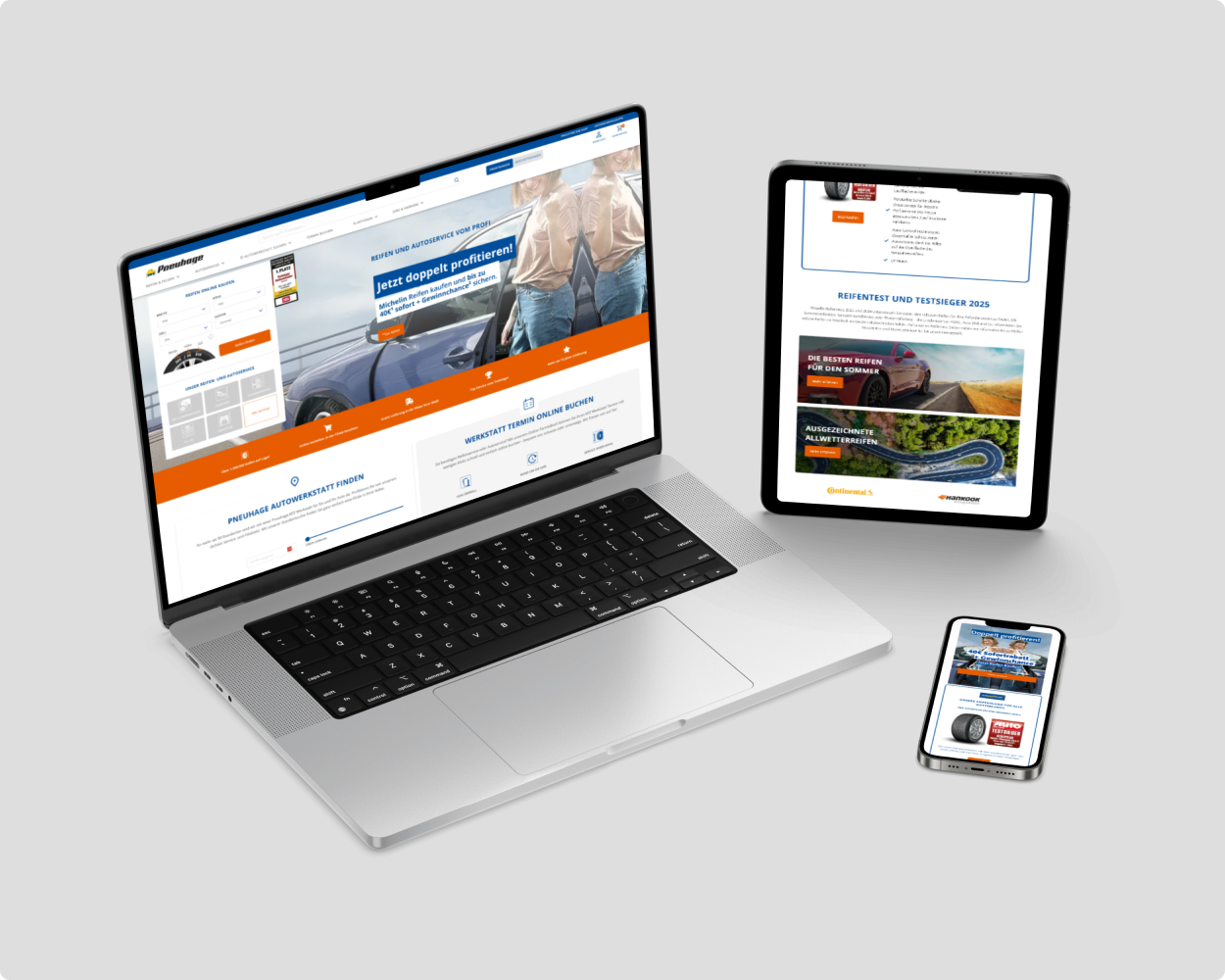 Mockup der pneuhage Website auf einem Tablet, einem Laptop und einem Smartphone