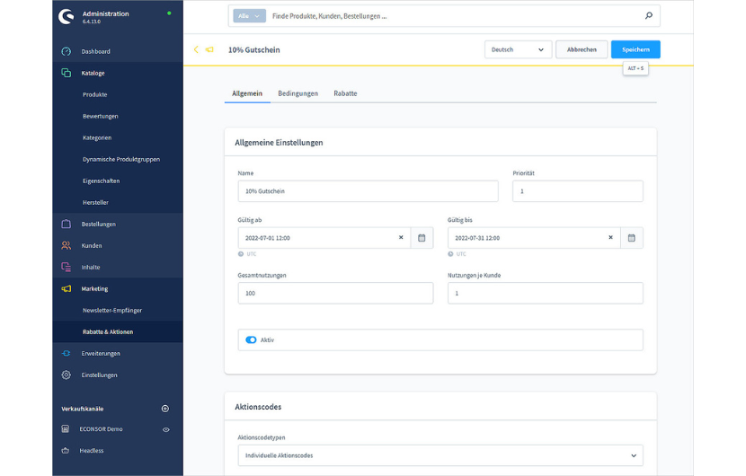Screenshot eines Testproduktes mit Allgemeinen Informationen zum Produkt wie Titel, Hersteller, Produktnummer und Beschreibung
