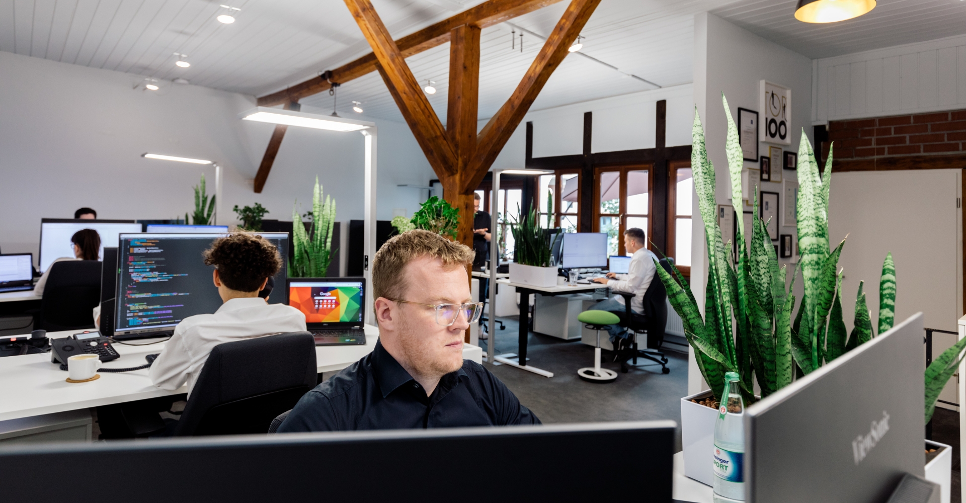 Mehrere Mitarbeiter arbeiten konzentriert an ihren Computern in einem modernen Büro in Heidelberg.