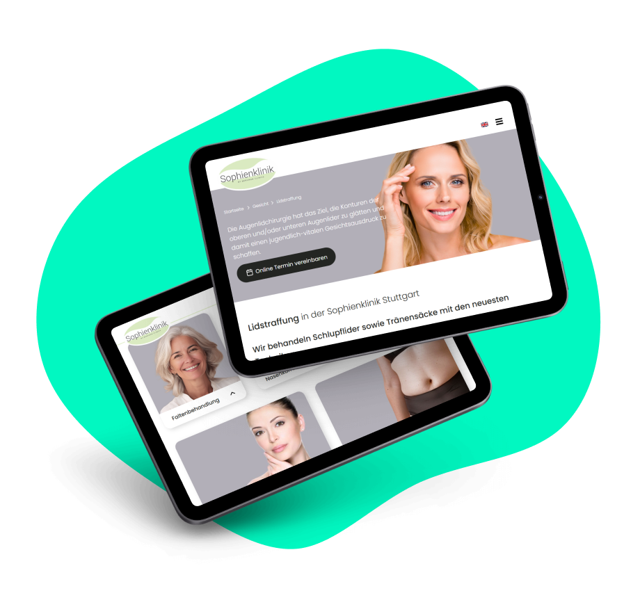 Referenz Sophienklinik Stuttgart Zwei Tablet-Bildschirme, auf denen verschiedene Seiten der Sophienklinik-Webseite in einer Übersicht dargestellt werden.