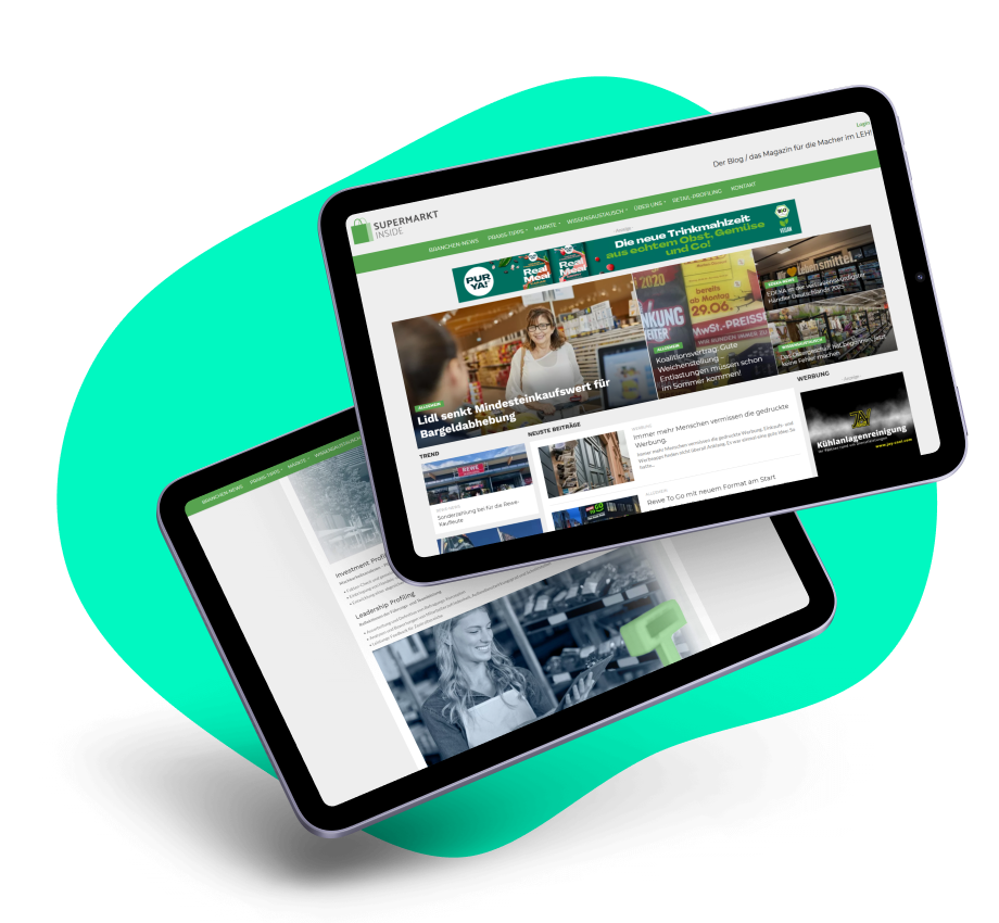 Referenz Supermarkt-Inside Zwei Tablet-Bildschirme, auf denen verschiedene Seiten des Supermarkt-Blogs in einer Übersicht dargestellt werden.