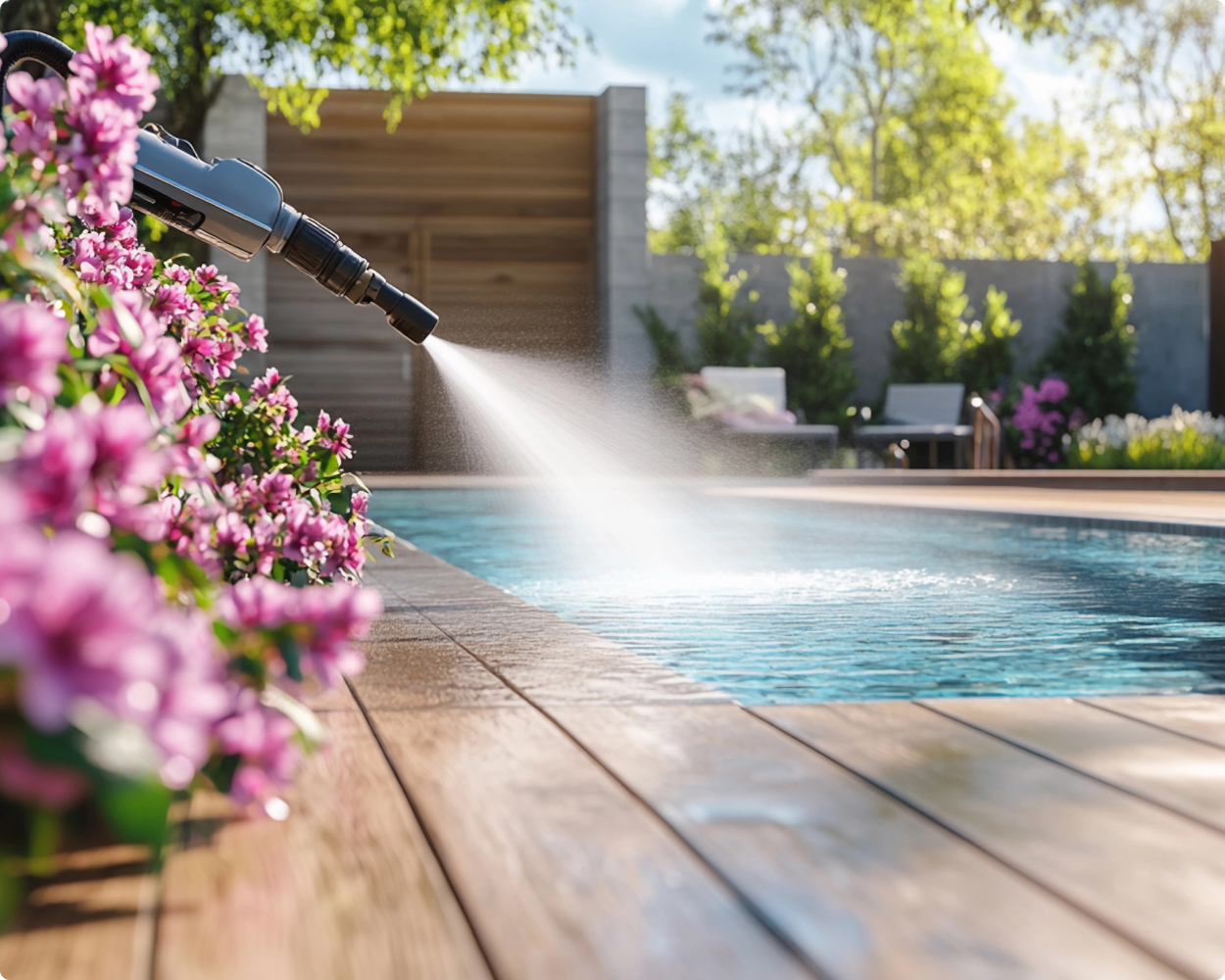 Eine t.i.p. Pumpe im Einsatz einen Pool im Garte zu reinigen und zu befüllen