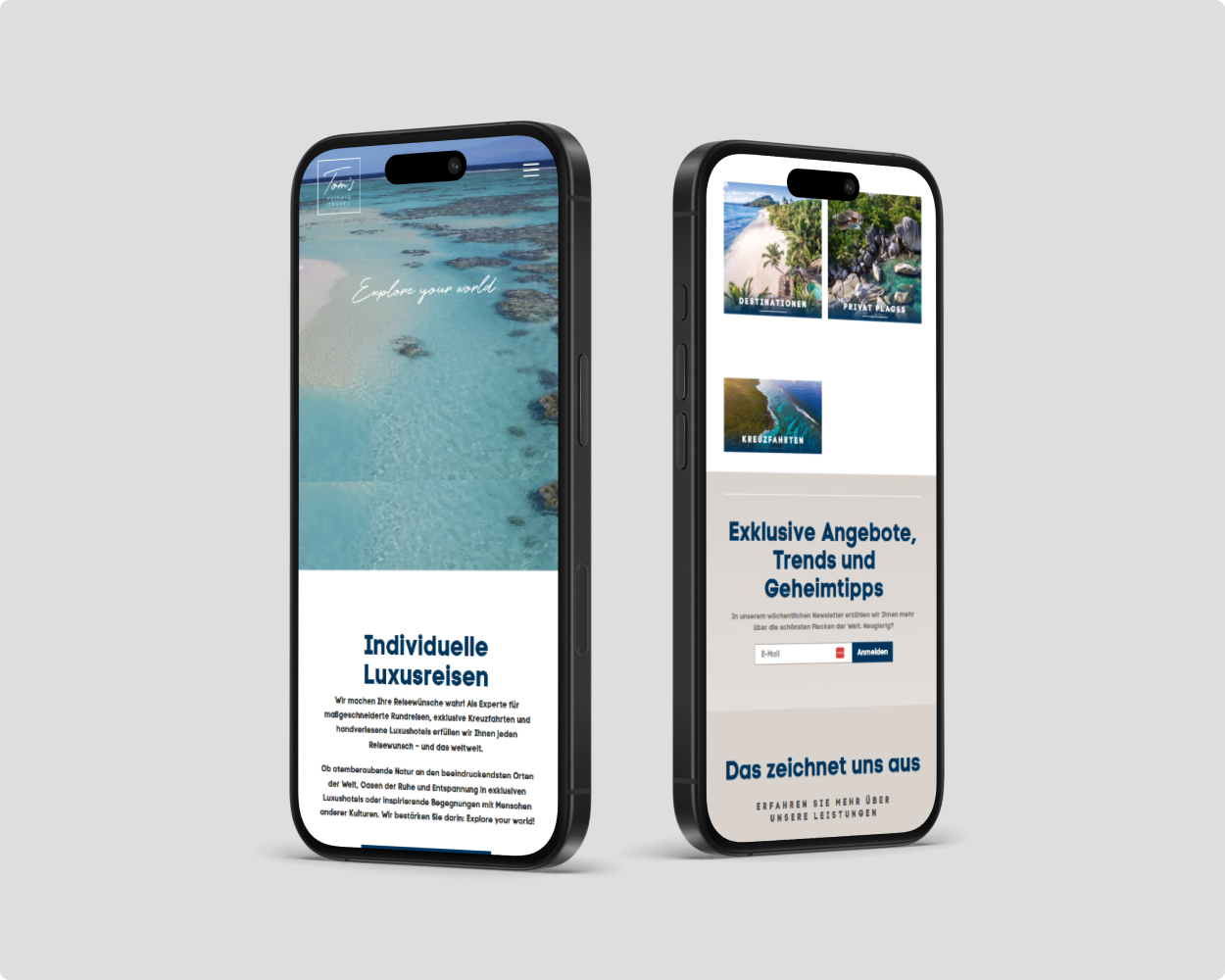 Eine traumhaftes Inselpanorama von einer toms travel Reise mit einem Surfer, der sich auf den Weg in' das Meer macht