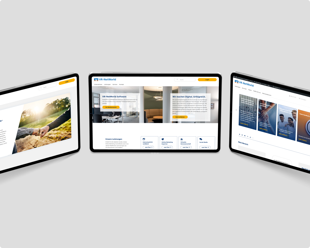 Mockup der vr-networld Website auf drei Tablets