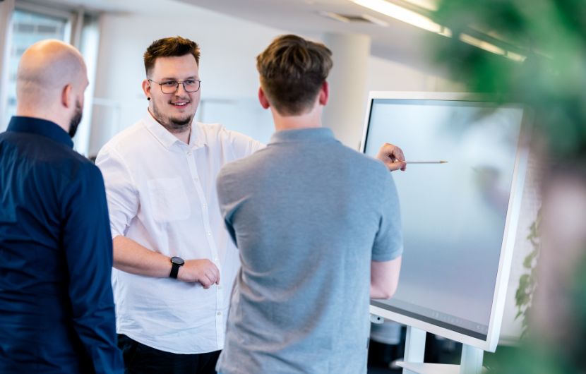 Ein Experte erklärt am großen Monitor die Architektur eines Webportals – stellvertretend für die professionelle Entwicklung von Portalen durch unsere Experten.